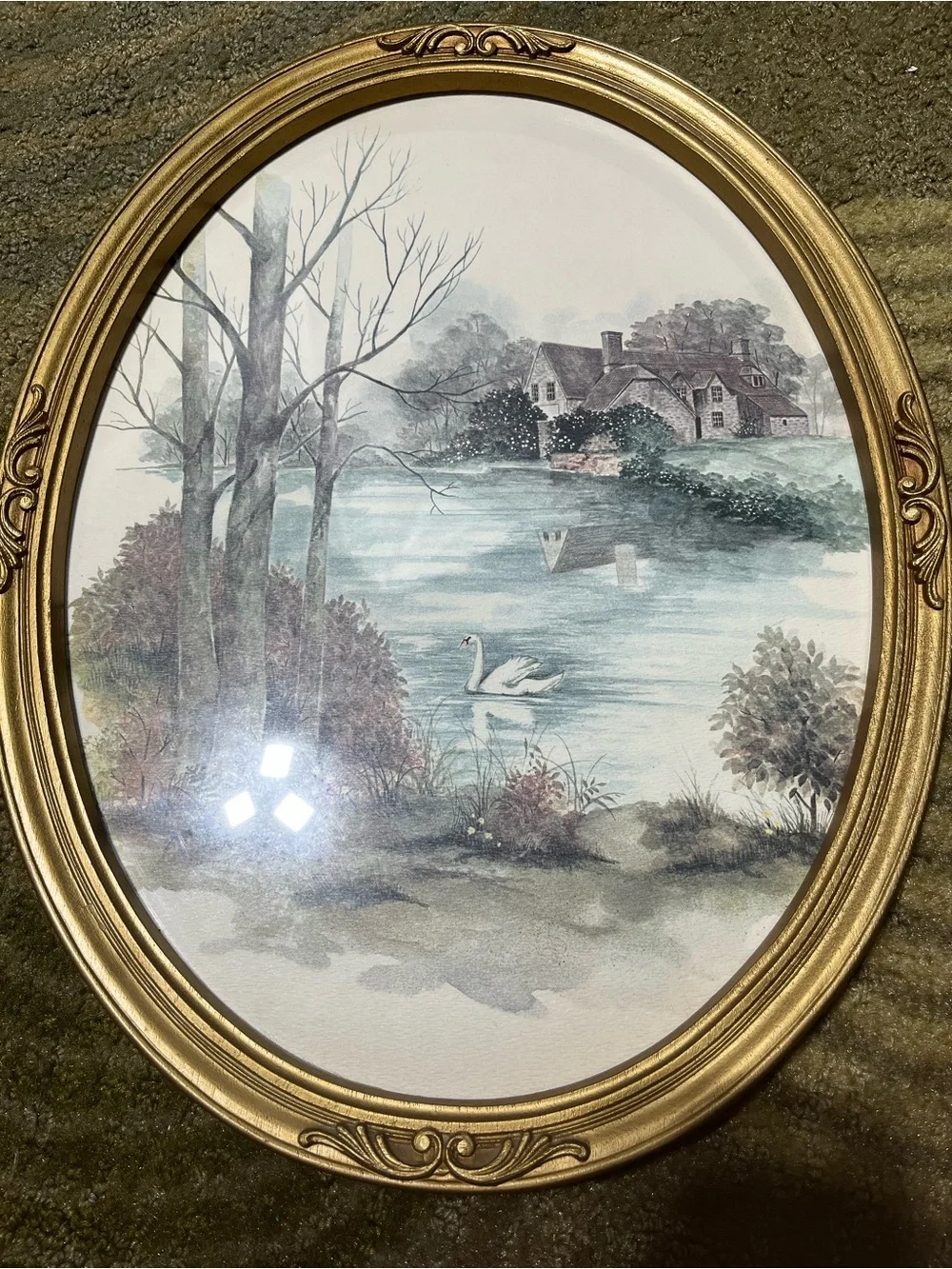 Gold Framed Swan Lake Wall Art - Scenic Watercolor PrintHome Interior